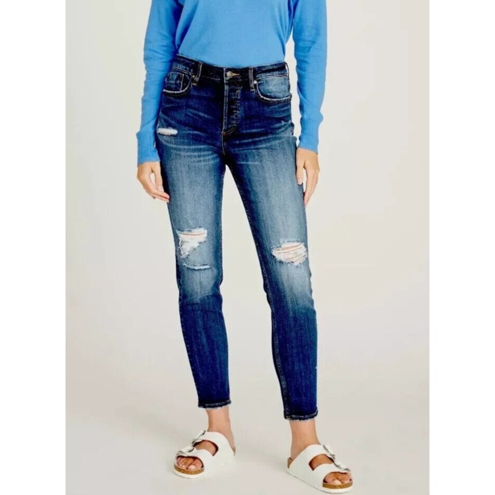 VIGOSS FRANKIE SLIM STRAIGHTβ HIGH RISE CROP JEANS Size 31 DISTRESSED BUTTON FLY